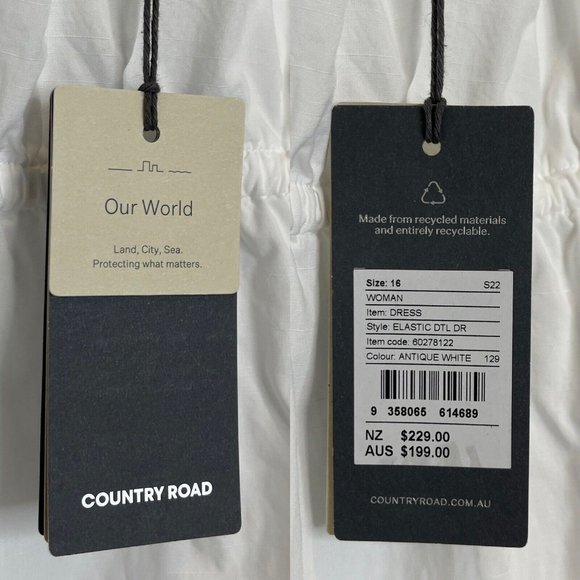 SOLD NWT Country Road White Cotton Maxi Dress Size 16 Elastic Detail Tie Slit - Picture 15 of 16